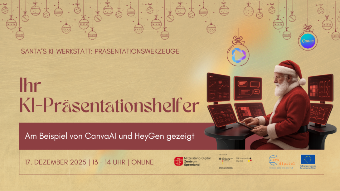 Ihr KI-Präsentationshelfer Flyer zur Veranstaltung - Weihnachtsmann sitzt vor Bildschirmen