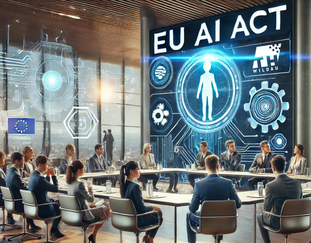 EU AI ACT (C) DallE Mehrere Personen sitzen um einen Tisch, im Hintergrund ein Plakat EU AI Act