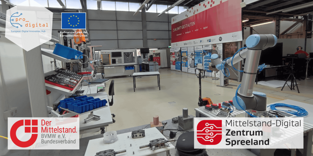 Blick in eine Laborhalle, mit überlagerten Logos der Veranstalter