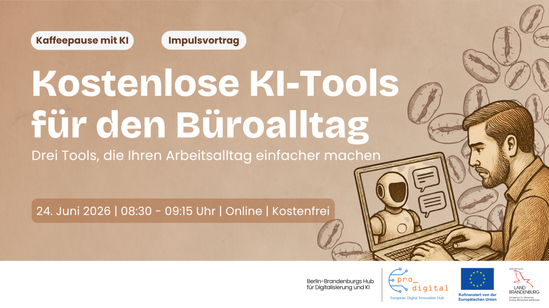 Flyer zur Veranstaltung - Kaffeepause mit KI - Kostenlose KI Tools für den Büroalltag
