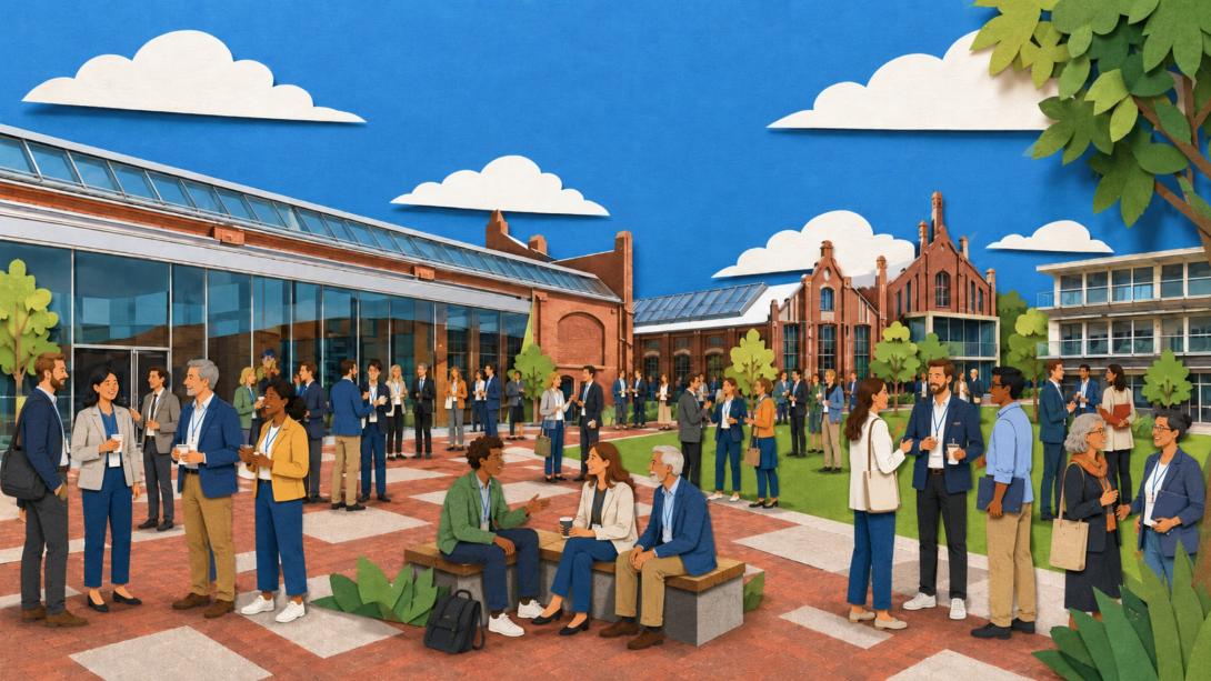 Eine Grafik, die einen Blick auf den belebten TH Wildau Campus zeigt. Viele Personengruppen sind miteinander im Gespräch