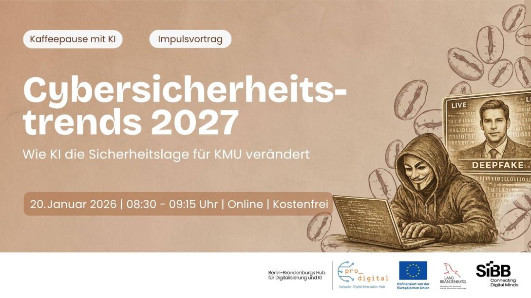 Flyer zur Veranstaltung Kaffeepause mit KI - Cybersicherheitstrends 2027