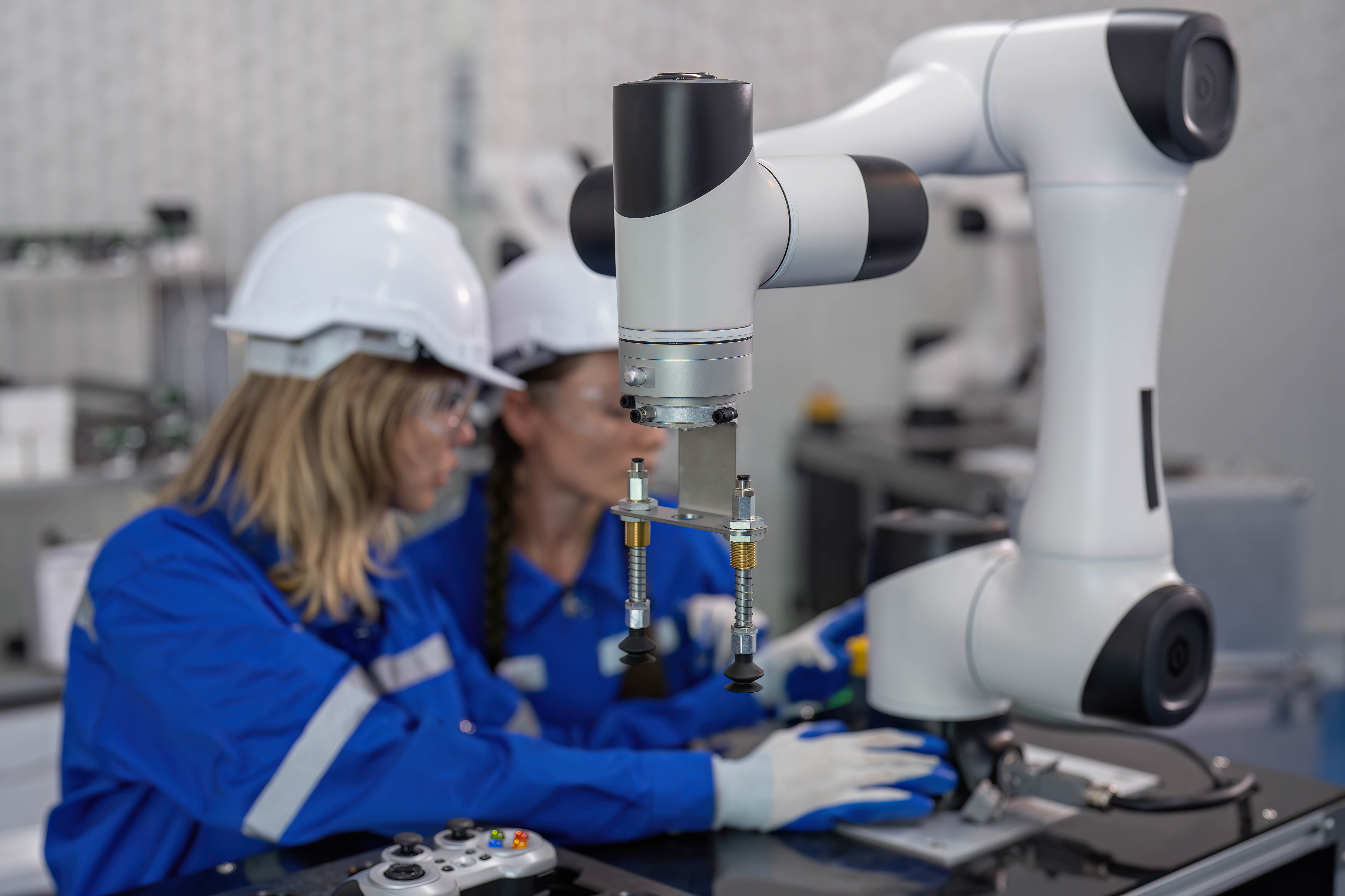 Zwei Frauen arbeiten am Roboterarm